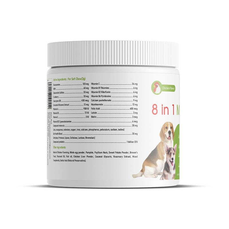 Dog Multivitamin Chews – 8-in-1 Supplement with Glucosamine, Probiotics, Omega, Enzymes – Joint, Skin, Coat, Immune & Digestion Support – Natural Chicken Flavor – 120 Soft Chews