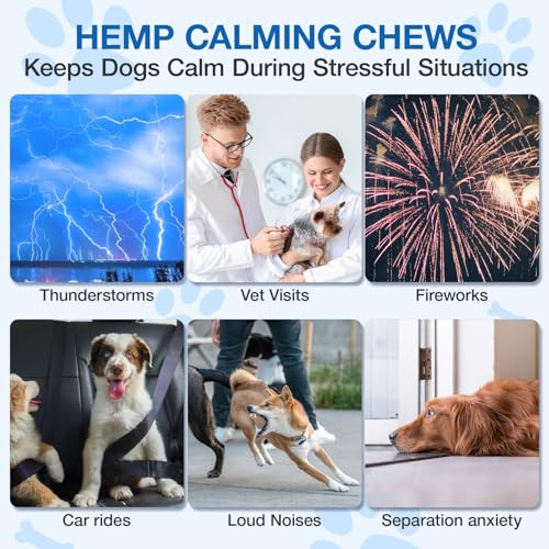 Hemp Calming Chews for Dogs with Anxiety and Stress - 180 Soft Dog Calming Treats - Dog Anxiety Relief - Storms, Fireworks, Thunder, Barking, Separation Aid - Valerian Root - L-Tryptophan - Hemp Oil