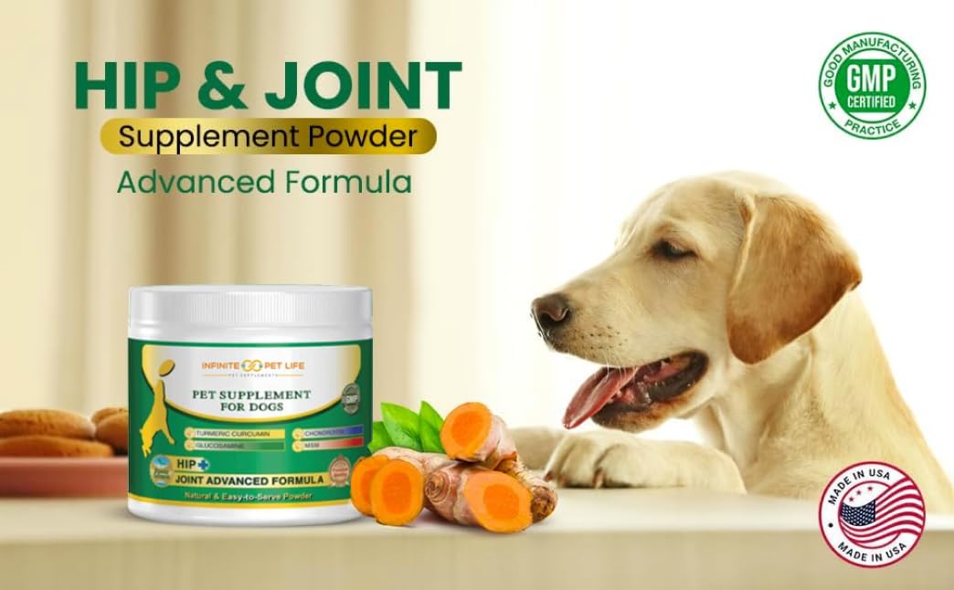 Infinite Pet Life Hip & Joint Supplement Powder for Dogs - Glucosamine, MSM, Chondroitin & Tumeric | Advanced Mobility Support for All Ages & Active Dogs - 12.7 oz