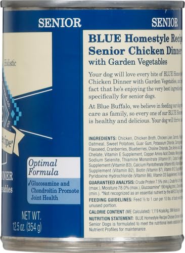 Blue Buffalo Homestyle Recipe Senior Wet Dog Food, Made with Natural Ingredients, Chicken Dinner with Garden Vegetables, 12.5-oz. Can