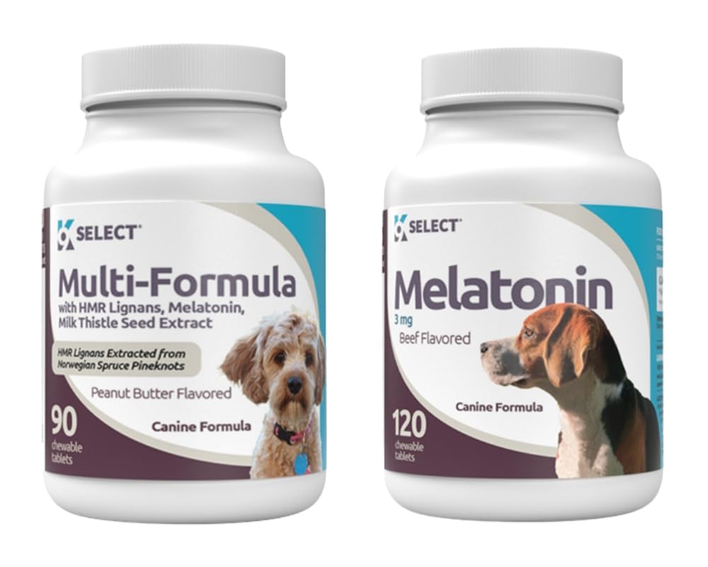 K9 Select Multi-Formula Dog Supplement Bundle: 90 Peanut Butter Chewable Tabs (10mg HMR Lignans, 1mg Melatonin, 20mg Milk Thistle) & Melatonin for Dogs (3 mg, 120 Beef Flavored Tablets), Small Breeds