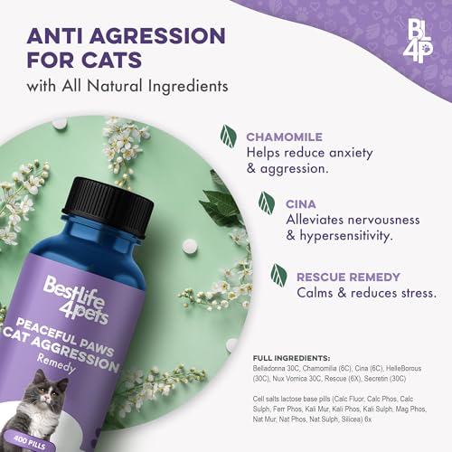 Anti Aggression for Cats Calming Remedy, A Natural Diffuser and Cat Calming Aid for Stress, Spiteful Spraying, Scratching & Territorial Behavior, Non-Drowsy, 400 Odorless, Tasteless Pills