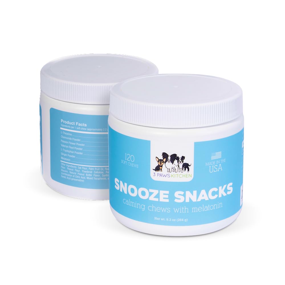 3 Paws Kitchen Snooze Snacks - Calming Chews for Dogs with Melatonin, Chamomile, and Valerian Root - Dog Anxiety Relief Supplement - 120 Soft Chews - Natural, Vet-Approved - Made in USA