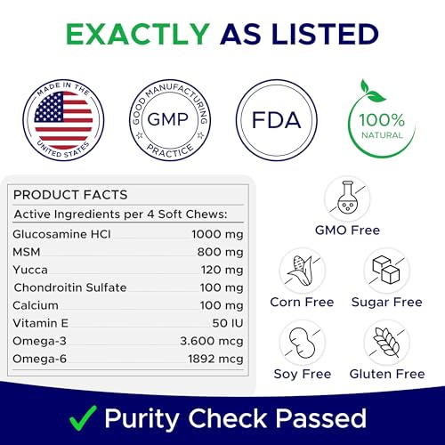 Glucosamine for Dogs Hip & Joint Supplement - Chondroitin, Omega-3, MSM - Joint Health & Pain Relief - Senior & Large Dogs - Made in USA - 120 Mobility Chews