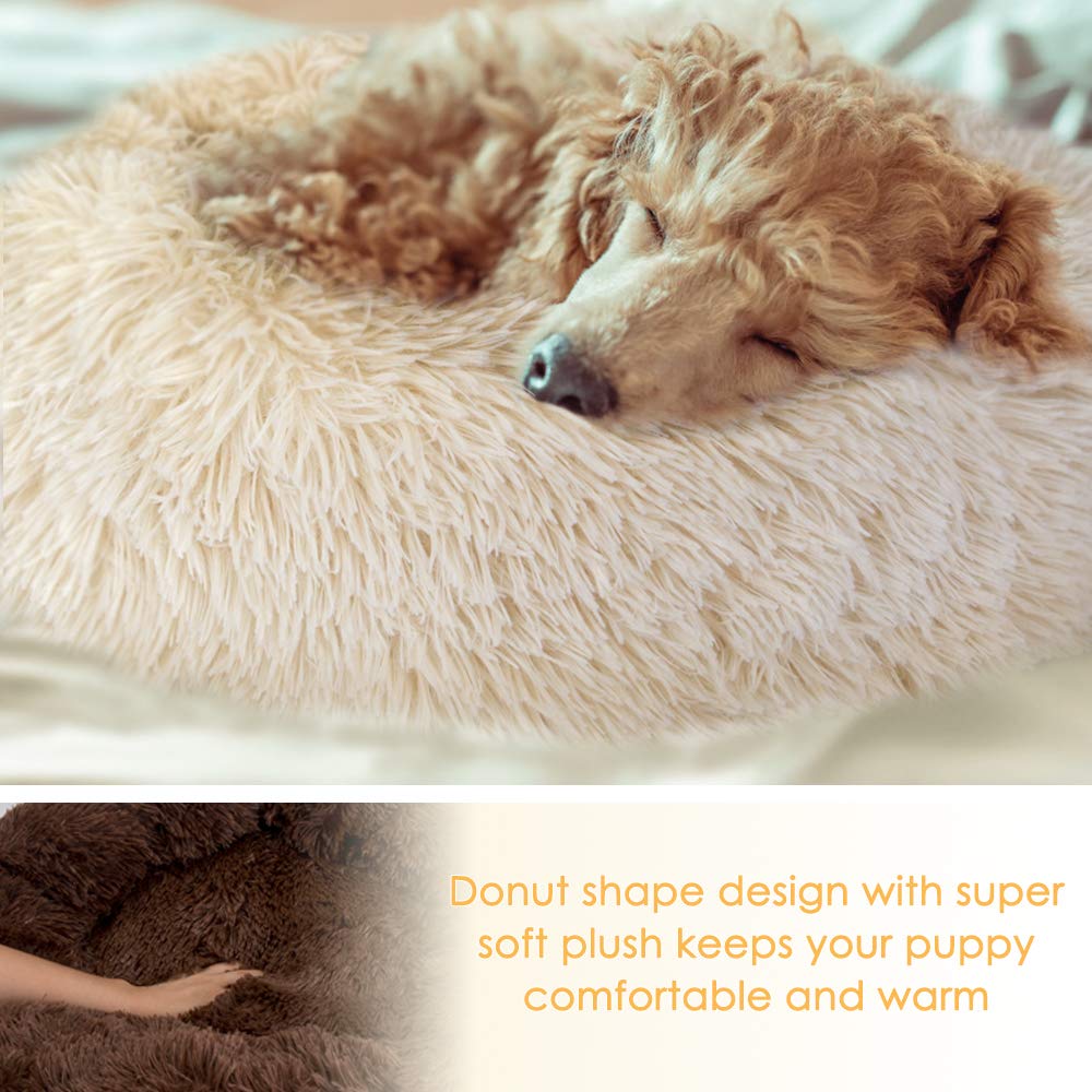 SlowTon Calming Dog Bed for Small Dogs Cats, Donut Cuddler Cozy Warm Anti-Anxiety Dog Cat Cushion Mat, Ultra Soft Fluffy Plush Round Pet Pillow Non-Slip Bottom Machine Washable(Coffee,X-Small 20")
