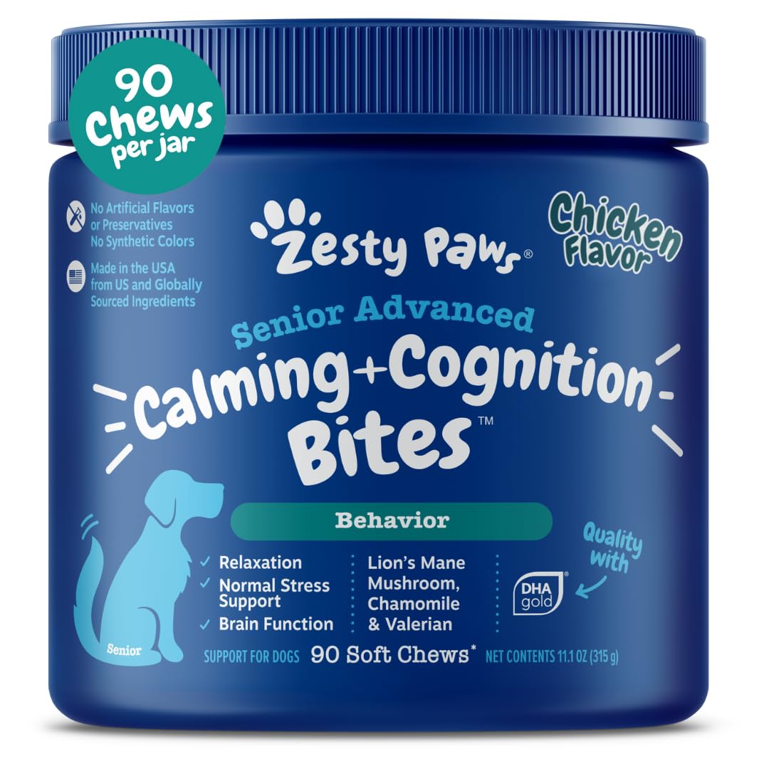Zesty Paws Senior Advanced Calming & Cognition Soft Chews for Dogs - Supplements for Dog Brain Health & Nervous System Support + Calming & Relaxation -with Ashwagandha, DHA & Melatonin