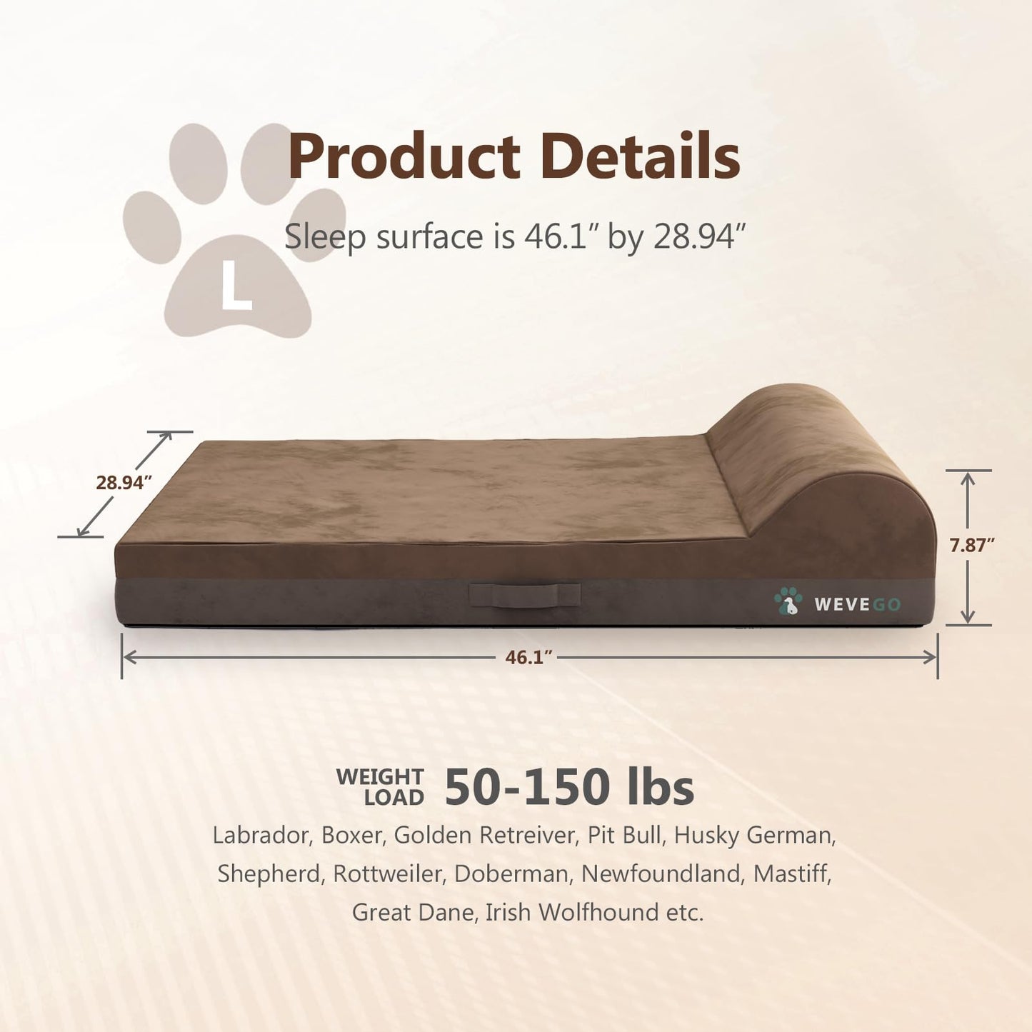 WEVEGO Orthopedic Dog Bed, 7.87-inch Thick Gel Memory Foam Pet Beds with Pillow, Durable Soft Flannel Fabric with Waterproof Liner & Removable Washable Cover Dog Beds for Large Breed Dogs