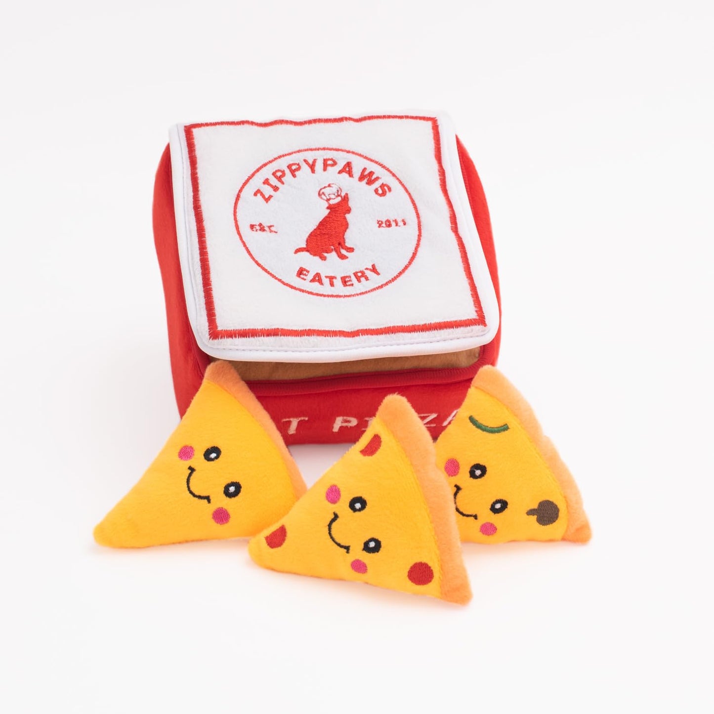 ZippyPaws Burrow- Interactive Dog & Puppy Toys for Boredom, Stimulating Pet Products to Keep Them Busy, Hide & Seek Plush Dog Puzzle, Enrichment Squeaky Toy, for Small & Medium Dogs- Pizza Box