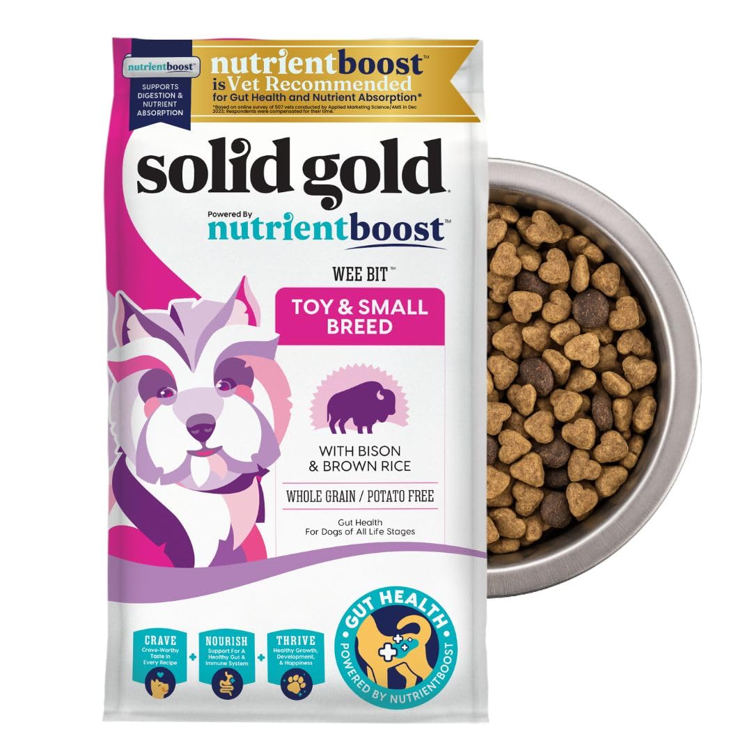 Solid Gold Toy & Small Breed Dog Food Dry Small Bites – Real Bison & Healthy Whole Grain Dogfood – Potato Free, High Fiber Healthy Dog Kibble w/Probiotics for Gut Health – NutrientBoost™ – 3.75 lb