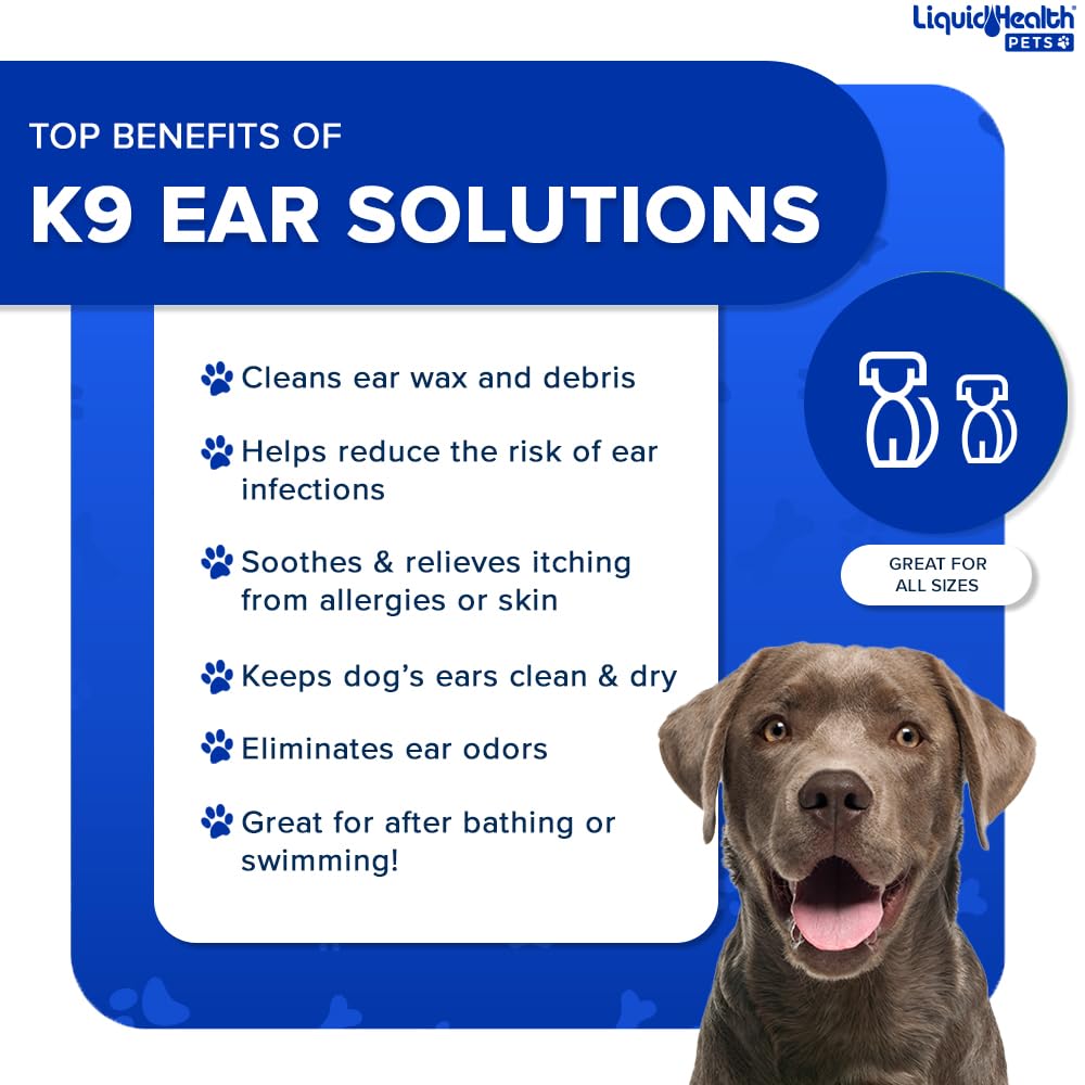 LIQUIDHEALTH Pets K9 Vegetarian Glucosamine Hip & Joint Support Formula & K9 Ear Wash Solutions for Dogs & Puppies - Pet Bundle for Dog Joint Health, Canine Hygiene, Cleaning Treatment - Made in USA