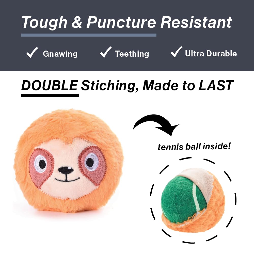 HugSmart Pet Zoo Ball (4-Pack) Plush and Squeaky Tennis Ball for Dog | No Stuffing Tough Interactive Fetch Dog Toys for Small Medium Large Dogs (Fox, Owl, Sloth, Sheep)