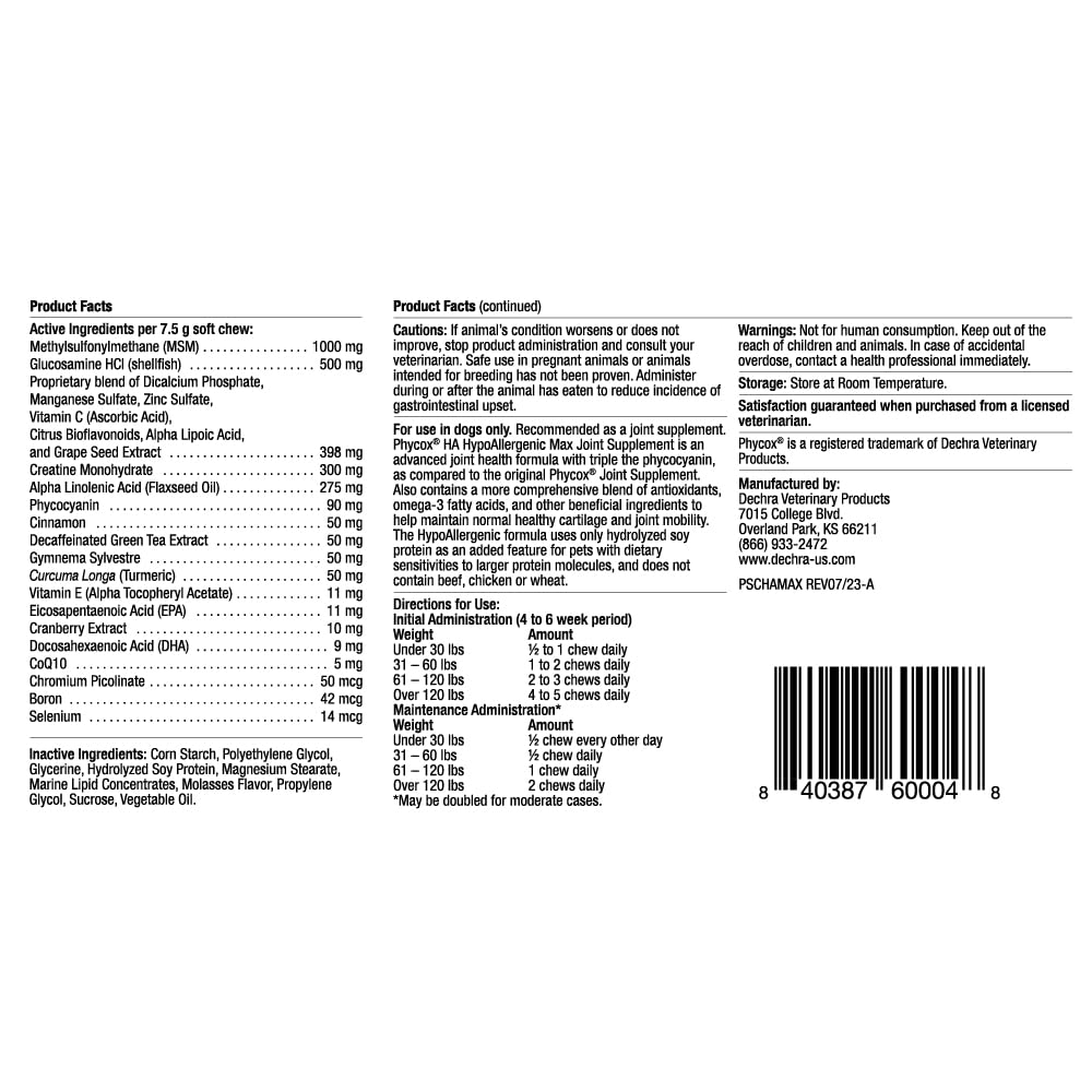 DechraSupply Phycox MAX Hypoallergenic (HA) Soft Chews, Joint Supplement for Dogs (90ct)