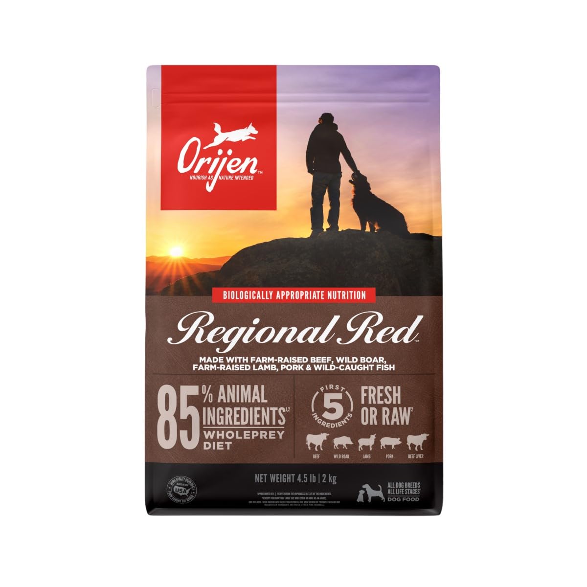 ORIJEN Grain Free Poultry Free High Protein Dry Dog Food Regional Red Recipe 4.5lb Bag