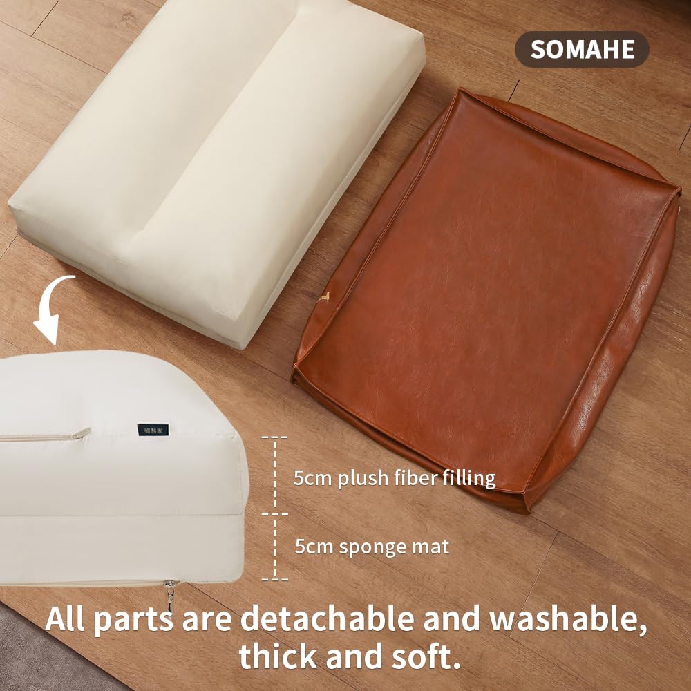 SOMAHE Dog Bed Medium Size Dog Orthopedic Beds for Small Dogs with Removable Washable PU Leather Cover Waterproof Brown 27.5×19.6×4inch
