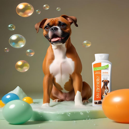 Spa Synergy Pet Dog Shampoo Natural Dead Sea Mineral Rich, Aloe Vera & Vitamin-E, Rejuvenate Hair Follicles, Emolliate Hair & Skin – Shea Butter - (1) Bottle 16.5 FL OZ
