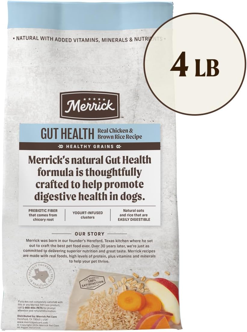 Merrick Gut Health Recipe, Healthy Grains Natural Chicken and Rice Dry Dog Food with Yogurt-Infused Clusters - 4 lb. Bag