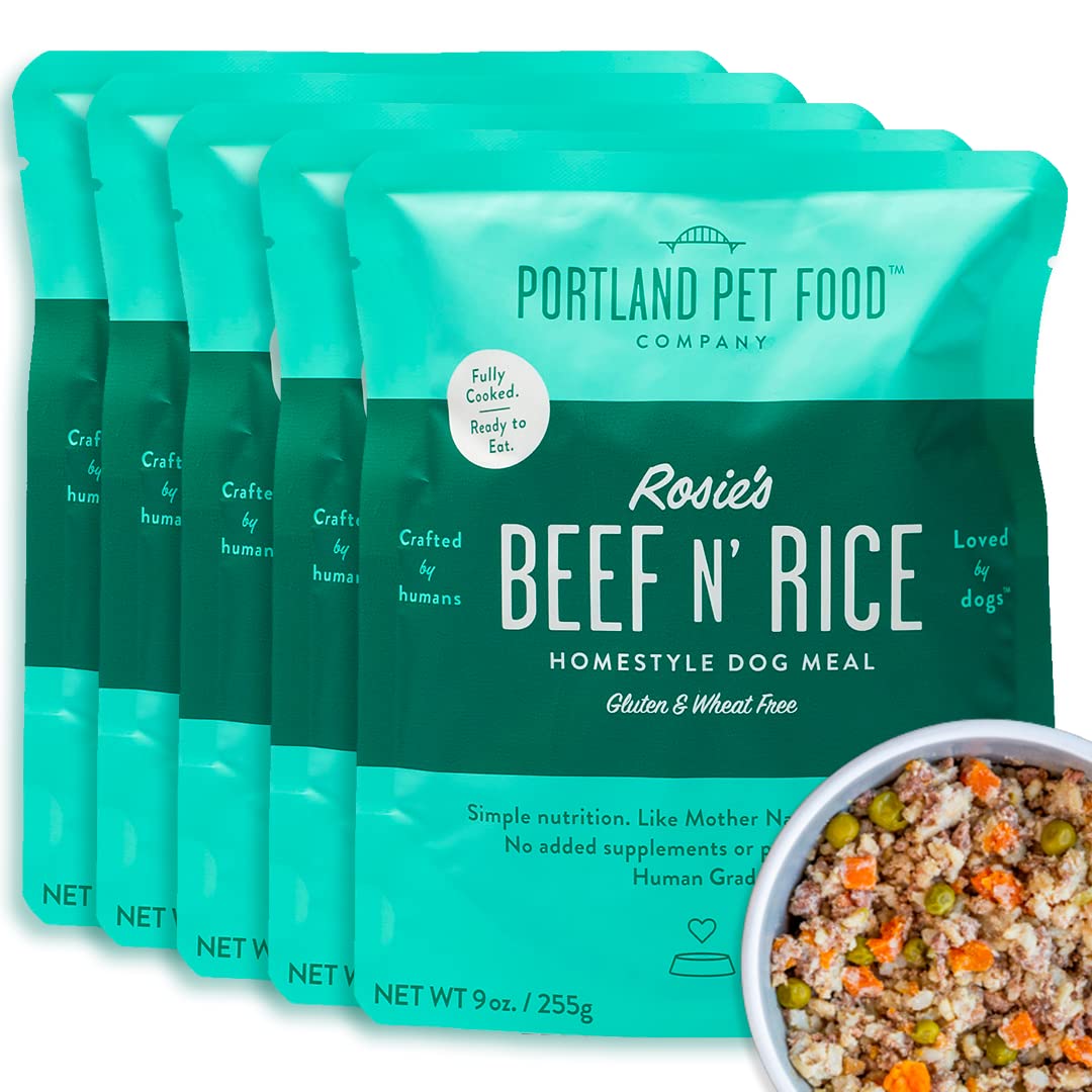 Portland Pet Food Company Rosie’s Beef N' Rice Fresh Dog Food Pouches - Human-Grade, Gluten-Free Wet Pet Meal Topper & Mixers - Small & Large Breed Puppy & Senior Dogs - Made in The USA - 5 Pack