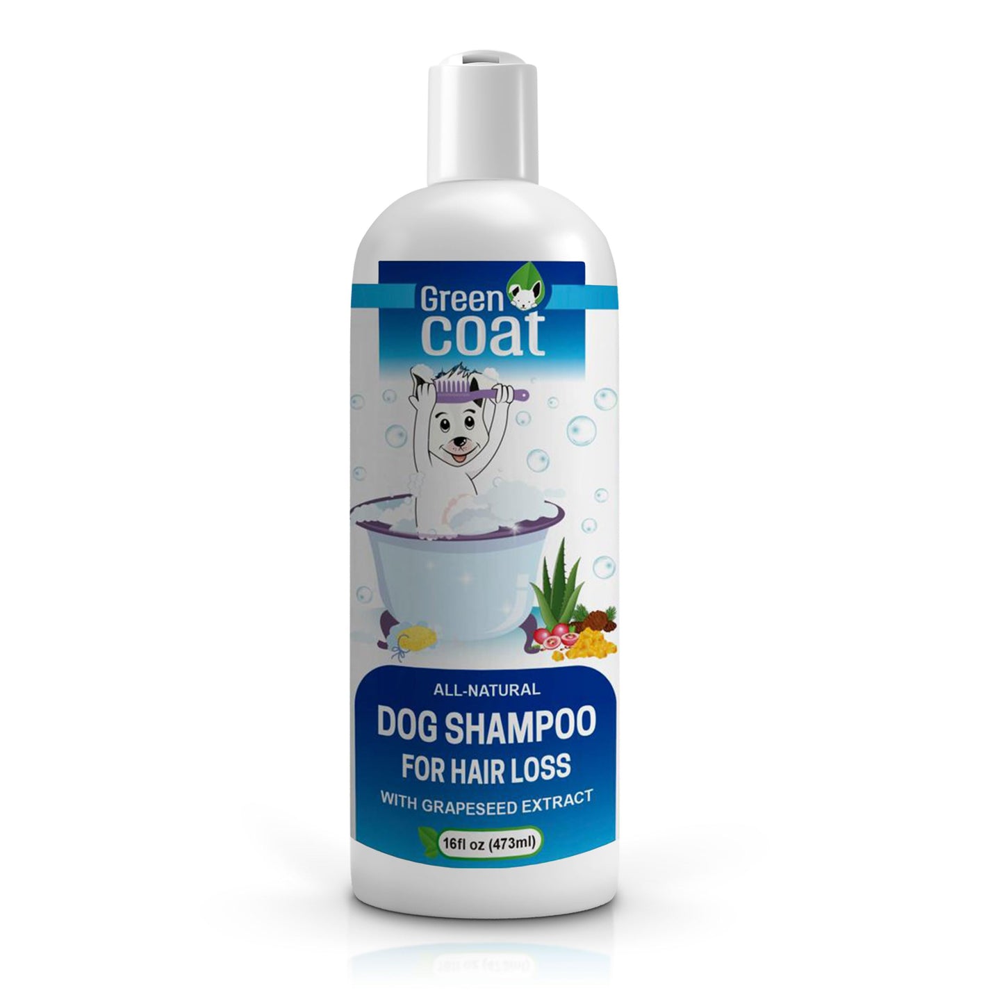 Green Coat Natural Dog Shampoo for Hair Loss with Grapeseed, Aloe & Cedarwood, Gentle Shampoo Specially Formulated to Beautify The Dogs Coat, USA Made, 16fl oz 473 ml.