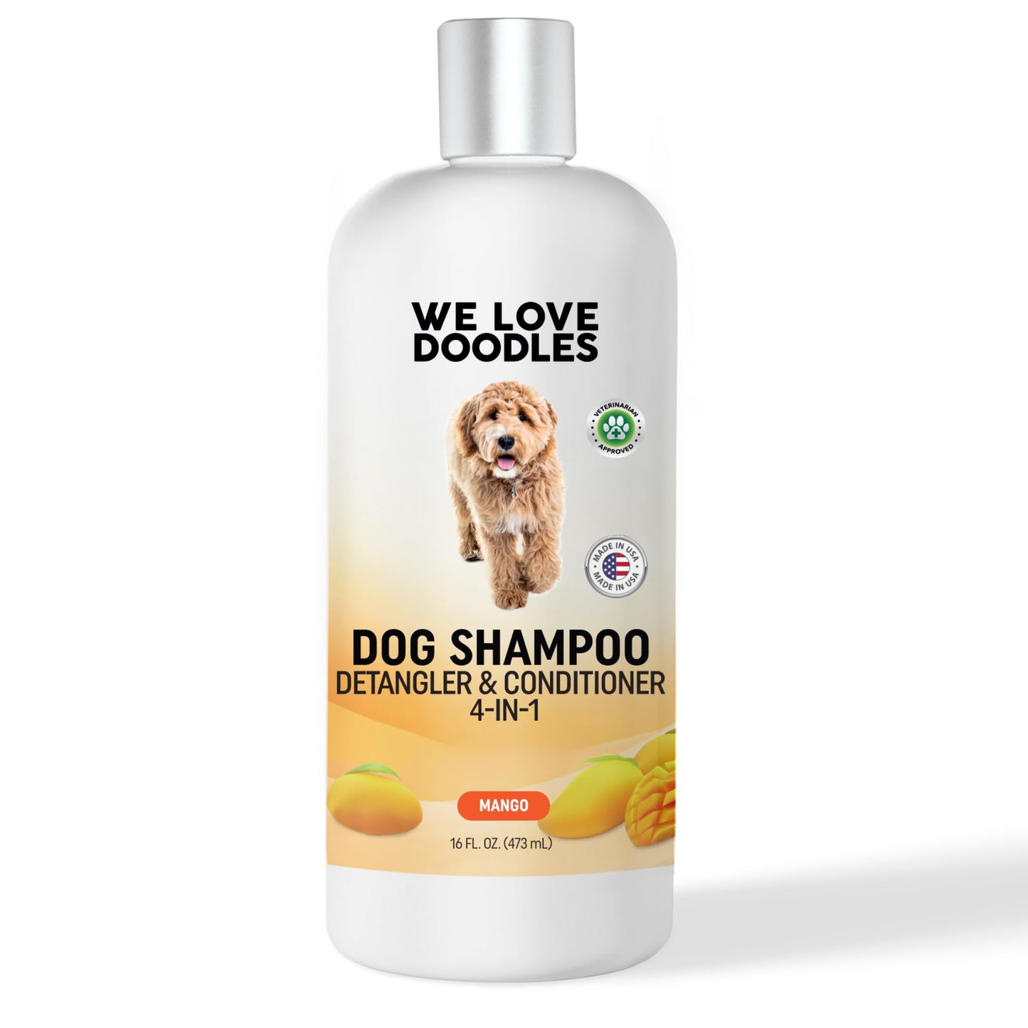 We Love Doodles Dog Shampoo, Conditioner, & Detangler - Shampoo for Dogs, Goldendoodles, Poodles & Doodles, for Matted Pet Hair & Sensitive Skin, Made in The USA, Mango, 16 oz