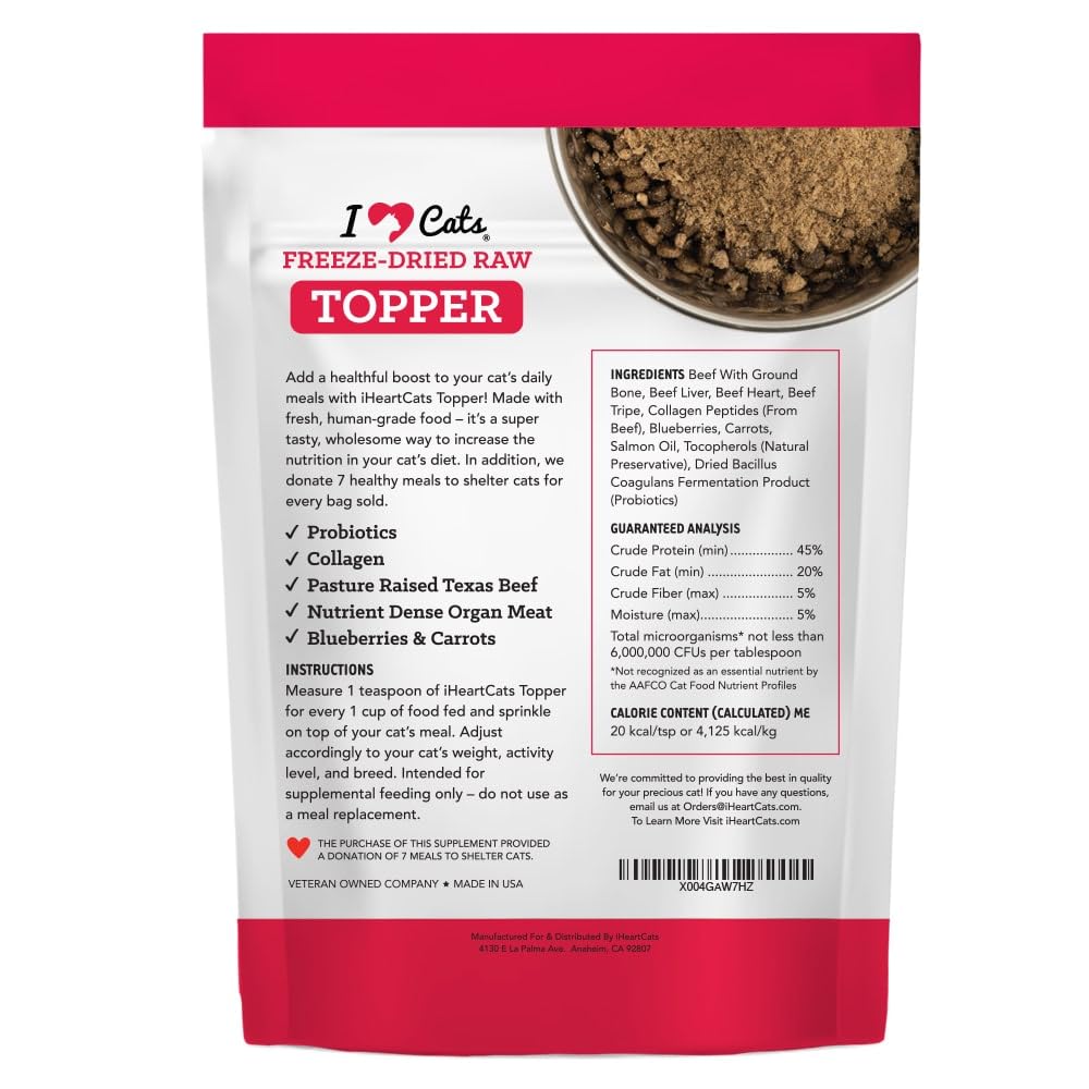 iHeartCats Nutrition Boost Beef Cat Food Topper & Seasoning - Tasty Freeze Dried Beef with Probiotics, Collagen, Salmon Oil, Blueberries & Carrots - 5 oz