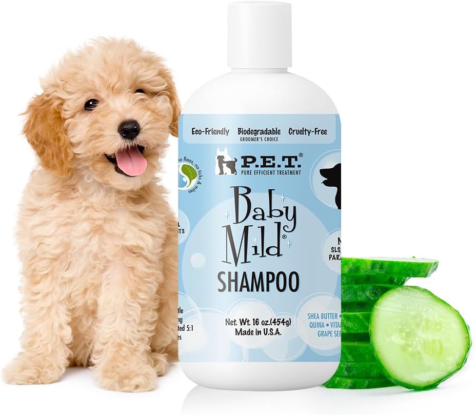 P.E.T. Baby Mild Ultra-Gentle Shampoo — Tear-Free, Hypoallergenic & Fragrance-Free Cleanser for Sensitive Pets — 5 : 1 Concentrate (Mix or Use Neat) — Cosmetic Grooming Formula — 16 oz