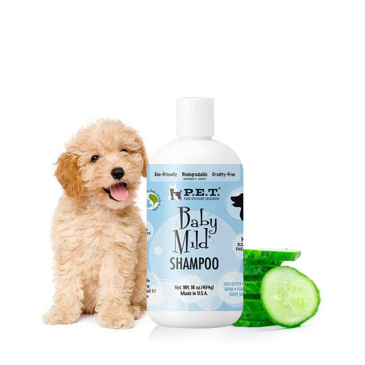 P.E.T. Baby Mild Ultra-Gentle Shampoo — Tear-Free, Hypoallergenic & Fragrance-Free Cleanser for Sensitive Pets — 5 : 1 Concentrate (Mix or Use Neat) — Cosmetic Grooming Formula — 16 oz