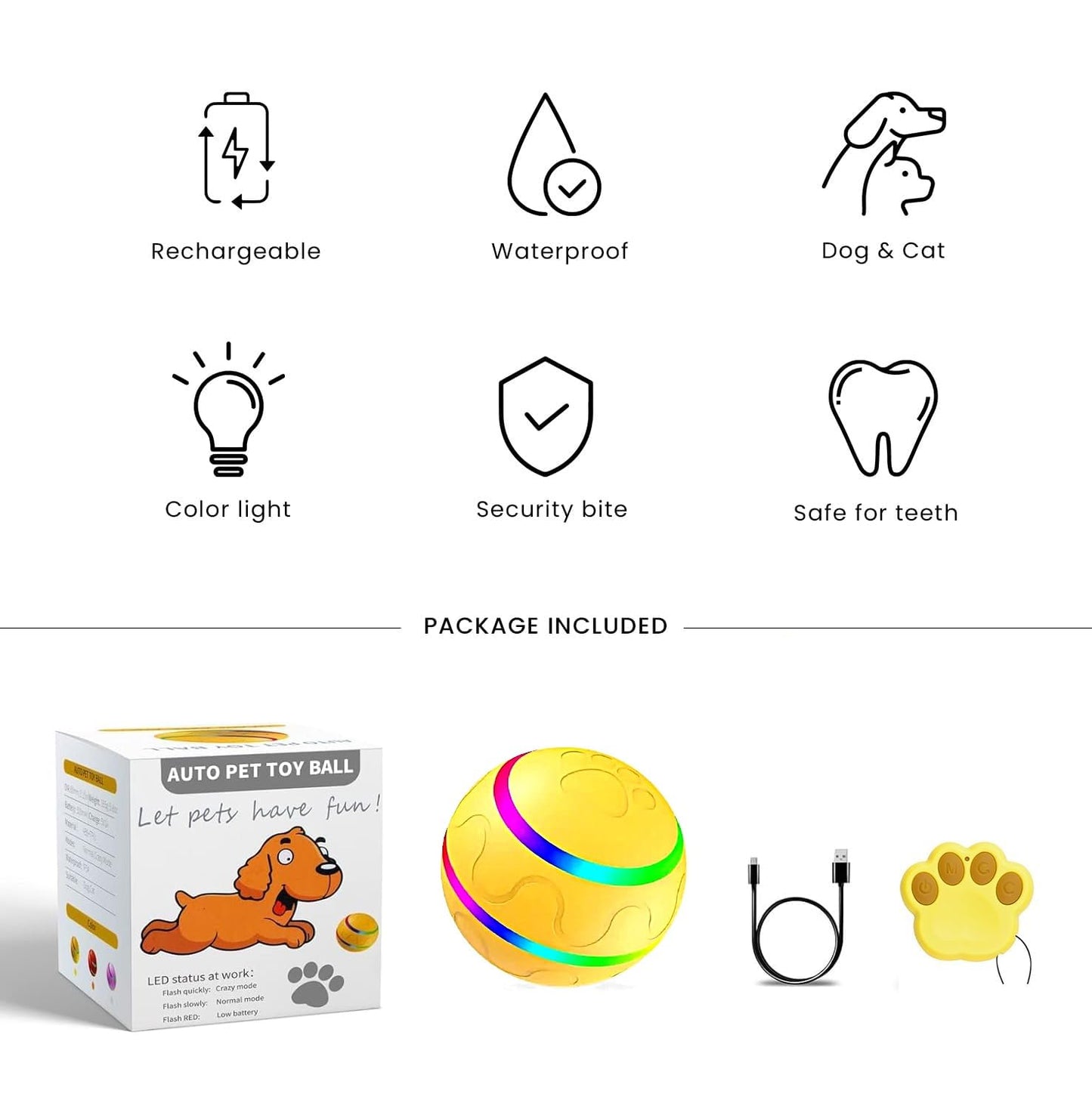 Yellow LED Remote-Controlled Interactive Toy Ball – Bouncy Light-Up Enrichment Toy for Dogs, Puppies, and Indoor Cats
