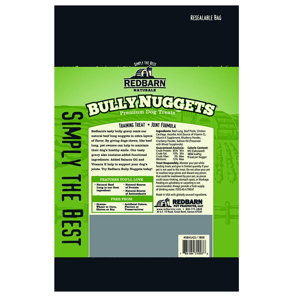 Redbarn Bully Nuggets Dog Treat, All-Natural, Highly Palatable Treats with Functional Ingredients, Beef Lung Nutritious Training Treat, Pack of 3