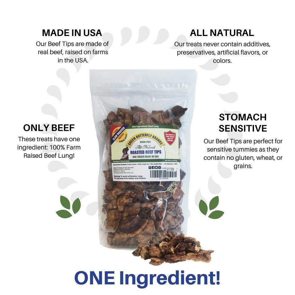 Green Butterfly Brands Premium Dog Treats Made in USA Only Natural, Meaty Beef Tips Slow Roasted, Crunchy American Beef Farm Raised Grain Free Training Treat, 8 Ounces