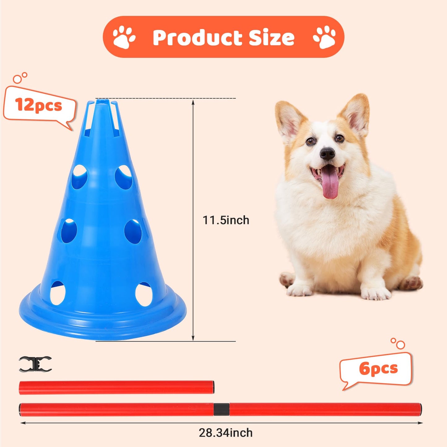 MegaChoice Speed Agile Hurdle Cone Set, 6 PCS Training Kit with 12 Cones & 6 Agile Rods Combo, Dog Agile Equipment with Carry Bag