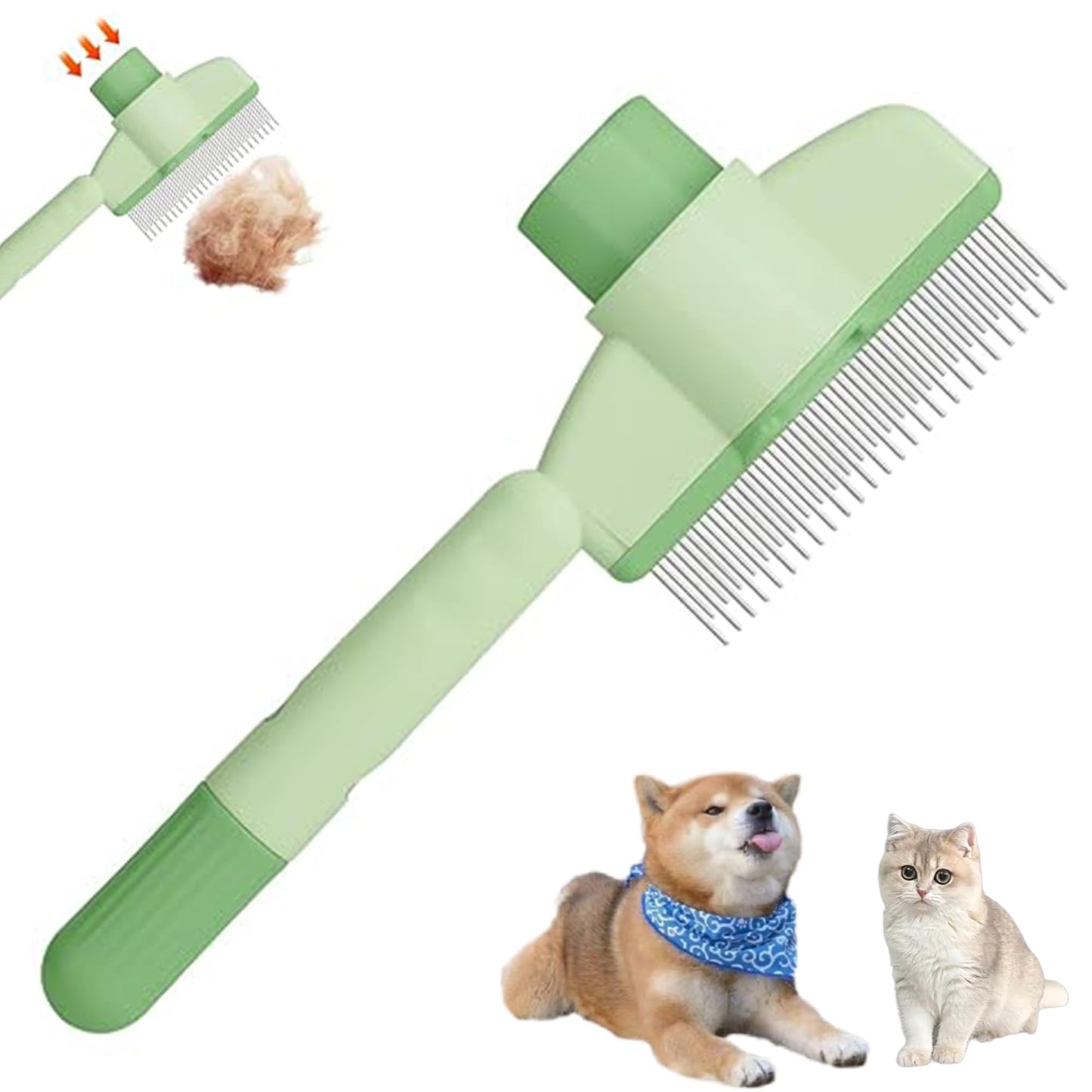 2025 Self-Cleaning Pet Hair Removal Comb & Flea Comb for Cats and Dogs Stainless Steel Grooming Brush with Release Button, De-Shedding Tool for Hair, Massaging Tangle-Free Pet Comb (Green)