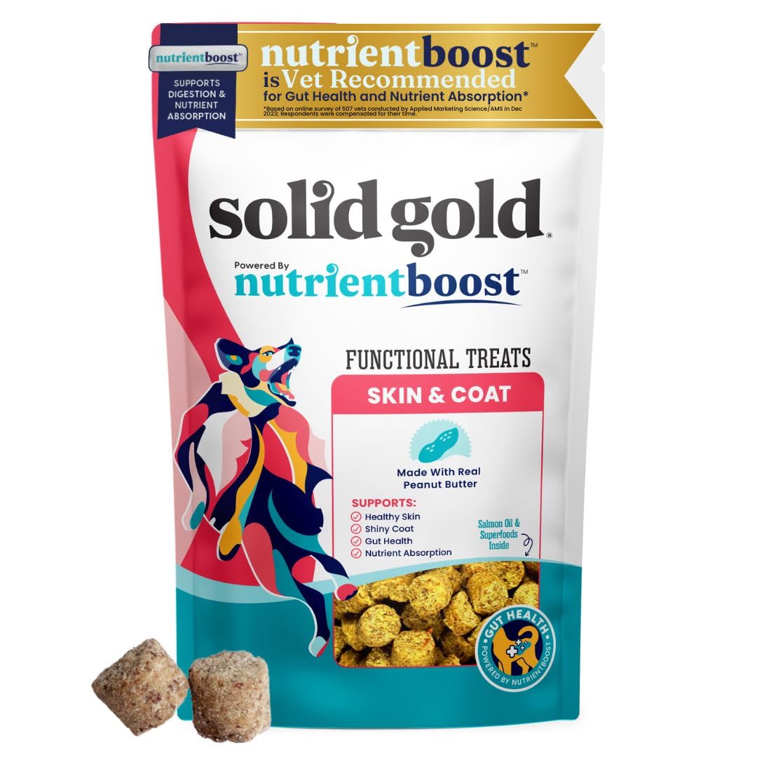 Solid Gold Healthy Dog Treats - Functional Peanut Butter Dog Treats w/Salmon Oil & Superfoods for Skin & Coat + Gut Health - Gluten Free Healthy Training Treat for Dogs of All Ages & Sizes - 5.2oz