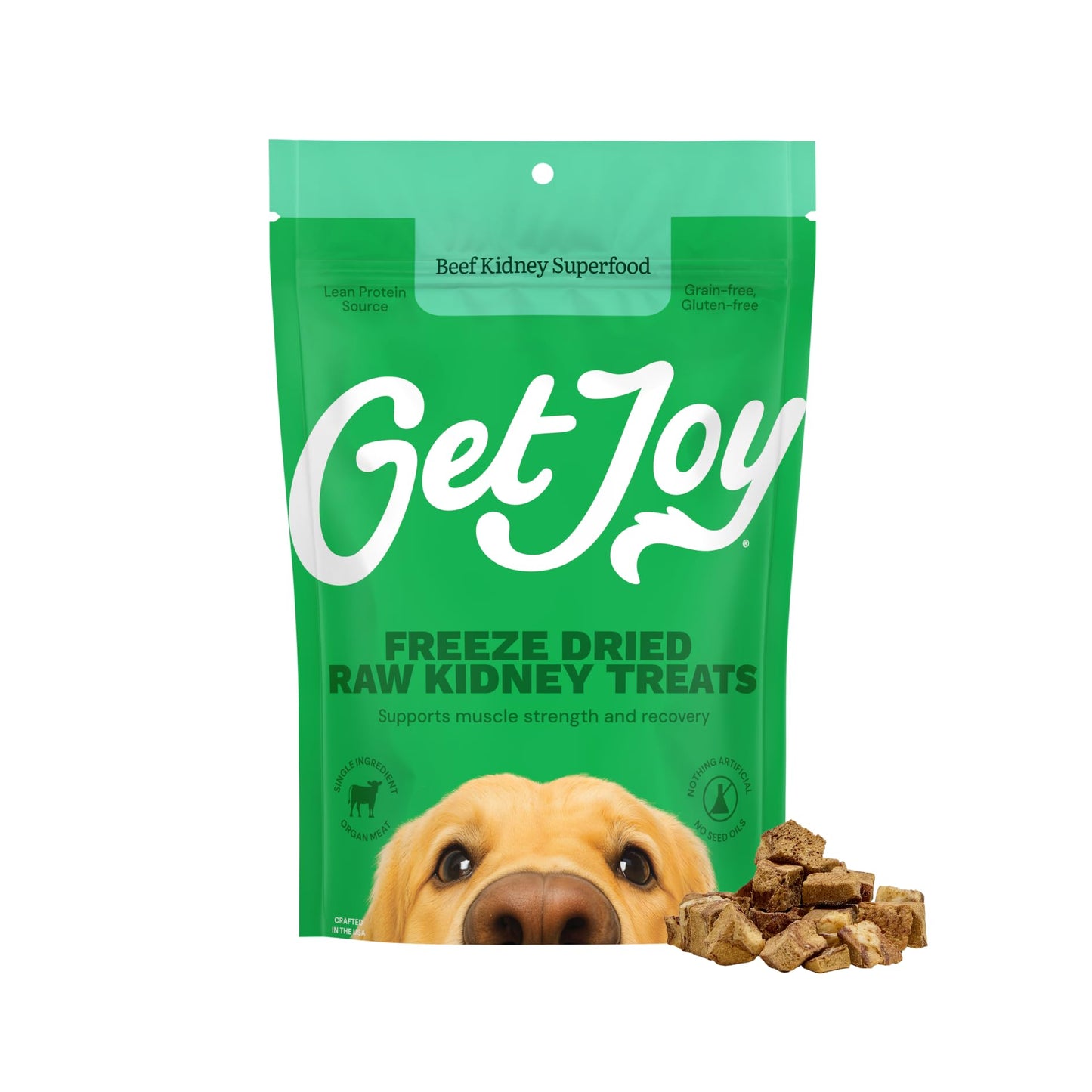 Get Joy Freeze Dried 100% Beef Kidney Dog Treats, 4oz | Single Ingredient Organ Meat, High Protein Raw Dog Food Topper, Snack & Training Rewards | Grain Free, Gluten Free, Filler Free