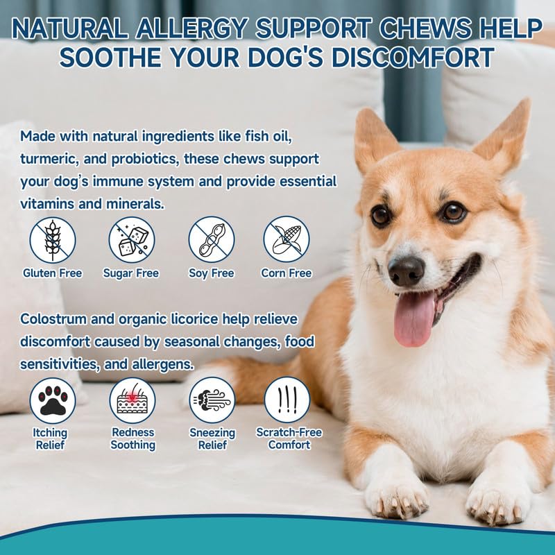 Woyamay 200 Dog Allergy Relief Chews for Dogs Itchy Skin Relief, Anti Itch for Dogs Ears & Paw Relief, Itchy Dog Skin Relief for Seasonal Allergy, Omega 3 Fish Oil, Turmeric & Colostrum Immune Support