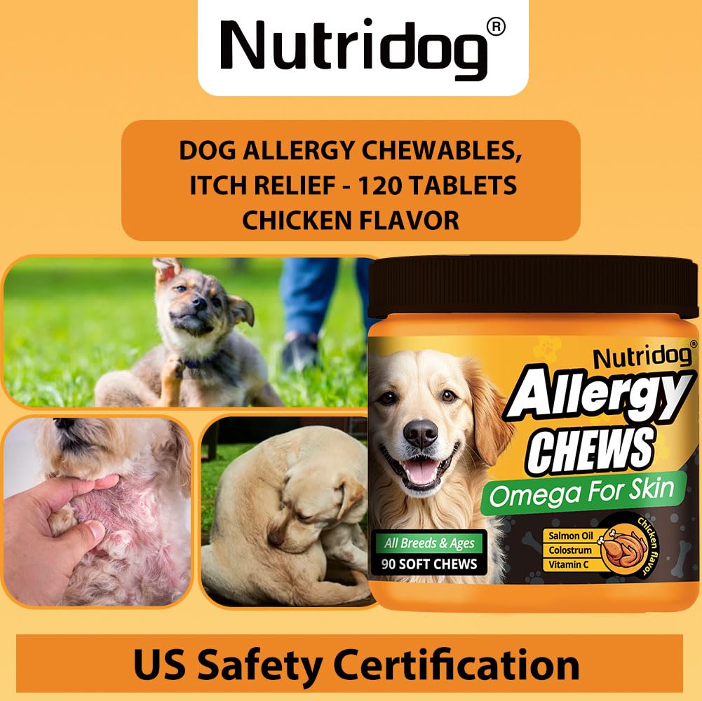 Nutridog Allergy Chews for Dogs - Dog Itching Skin Relief & Seasonal Allergy Support with Chamomile, Salmon Oil, Quercetin - Probiotic Dog Allergy Relief Treats, Chicken Flavor (90 Count, Chicken)