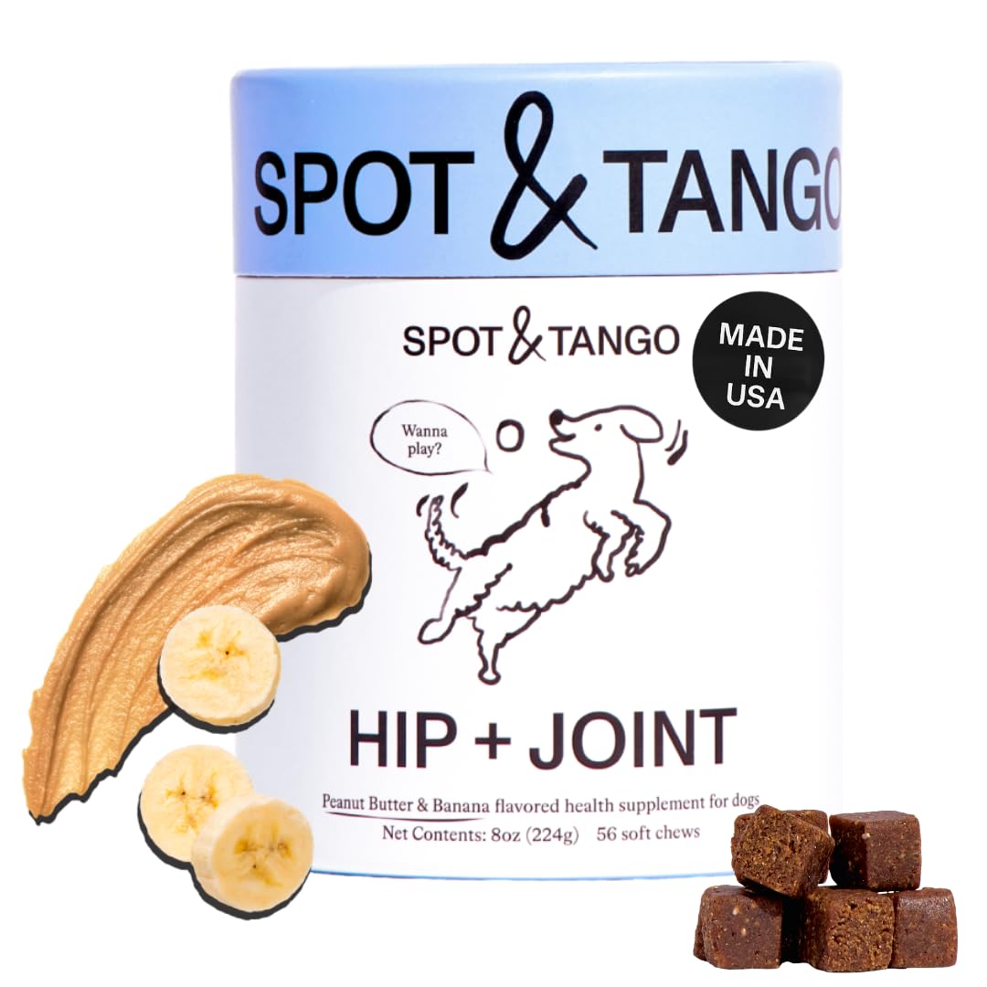 Spot & Tango Hip + Joint Supplement for Dogs - Vet-Approved For Mobility and Arthritis Support - Glucosamine, Chondroitin, Green Lipped Mussel, MSM - Flavor from Real Peanut Butter & Banana - 56 Count