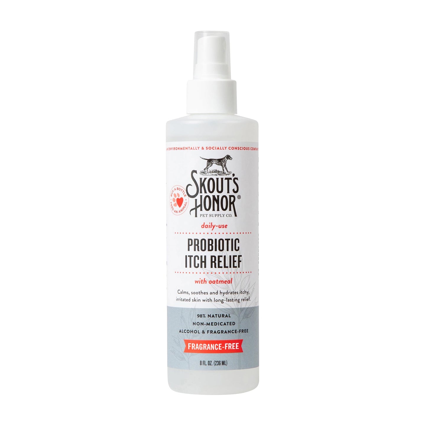 SKOUT'S HONOR Probiotic Itch Relief Spray for Pets - Non-Medicated, Fragrance-Free, Natural, Vegan, Long-Lasting Relief, with Soothing Aloe & Avocado Oil, 8 oz