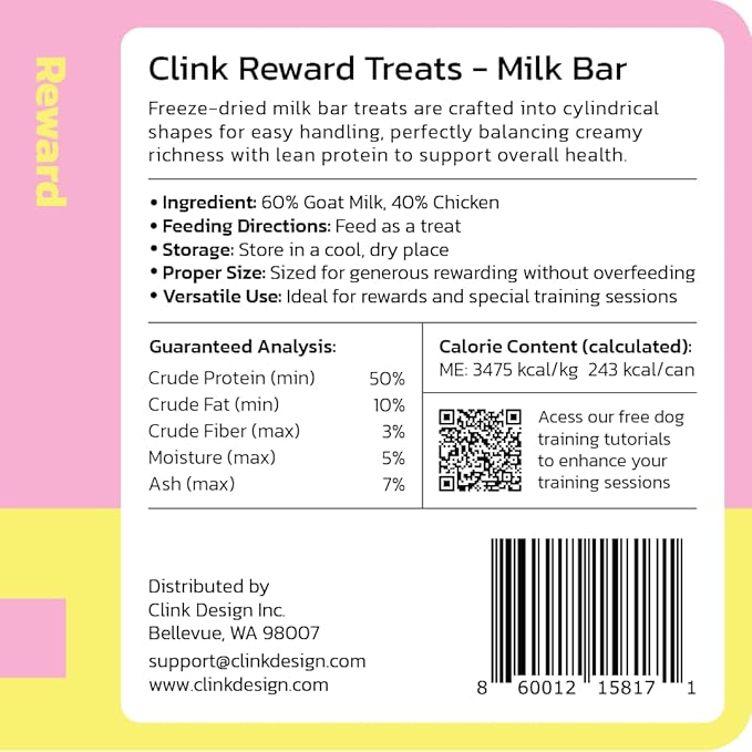 Clink Design Freeze Dried Dog & Cat Treats, Healthy Freeze Dried Goat Milk for Cats and Dogs, 60% Goat Milk & 40% Chicken, 2.5oz/70g, Clink Clicker Compatible, Dog Training Treats