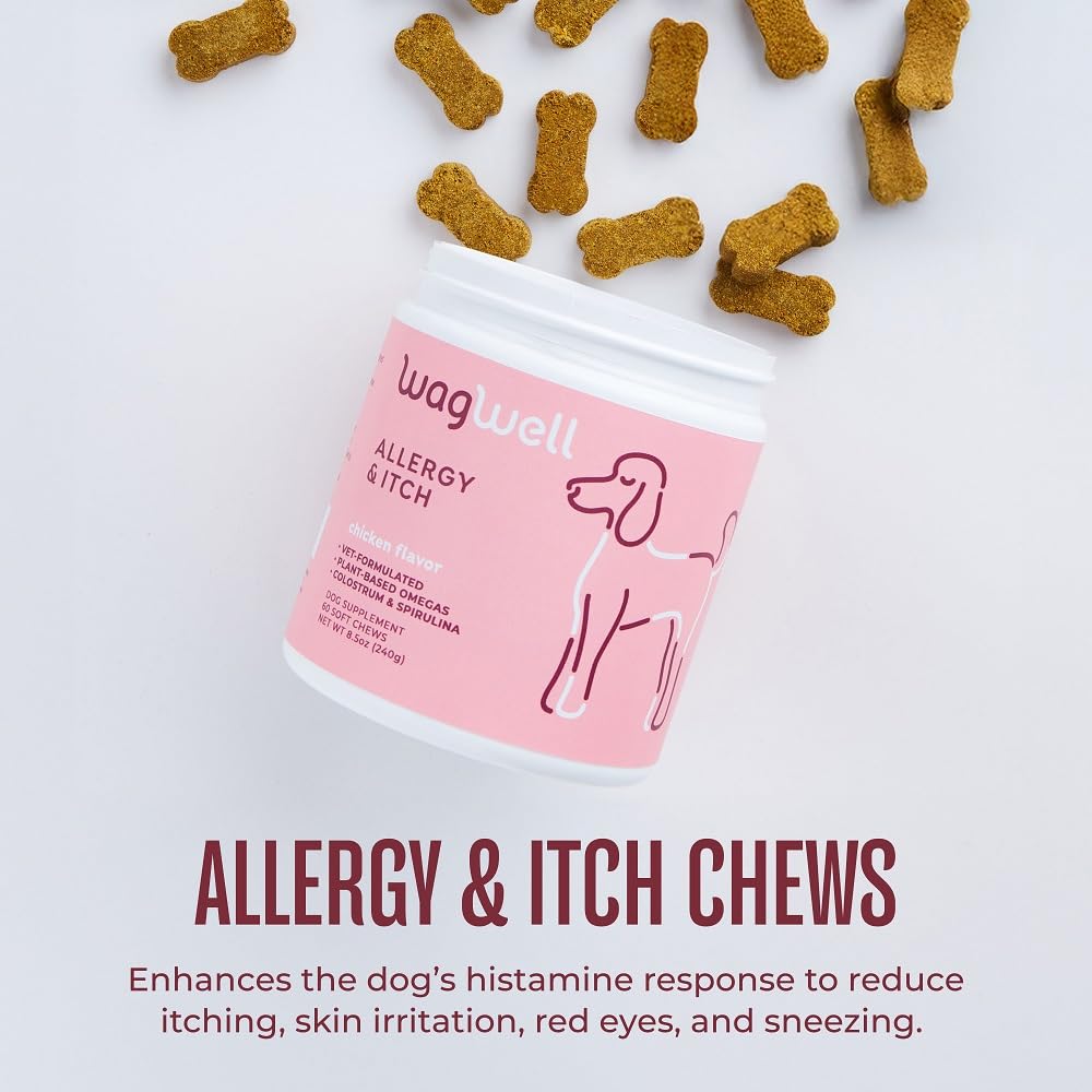 WagWell Allergy and Itch Chews – Chicken Flavored – Plant Based with Colostrum and Spirulina – Dog Skin and Coat Supplement for Itch Relief and Digestive Health, 60 Chews