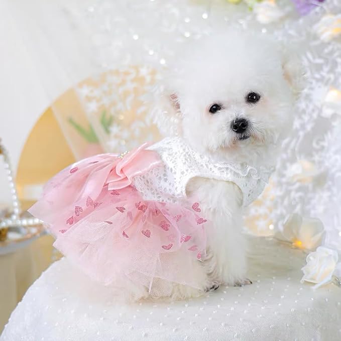 Pink Dog Dress for Small Dog Girl Spring Puppy Clothes with Bow Puff Sleeves Cat Outfit Doggy Princess with Leash Ring Doggies Harness Dress Summer Pet Apparel (Pink White, Medium)