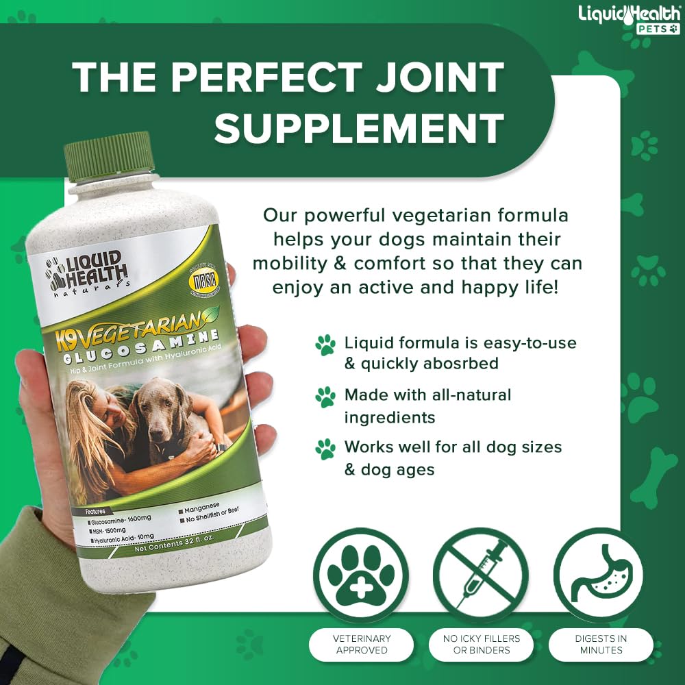 LIQUIDHEALTH Pets K9 Vegetarian Glucosamine Hip & Joint Support Formula & K9 Ear Wash Solutions for Dogs & Puppies - Pet Bundle for Dog Joint Health, Canine Hygiene, Cleaning Treatment - Made in USA