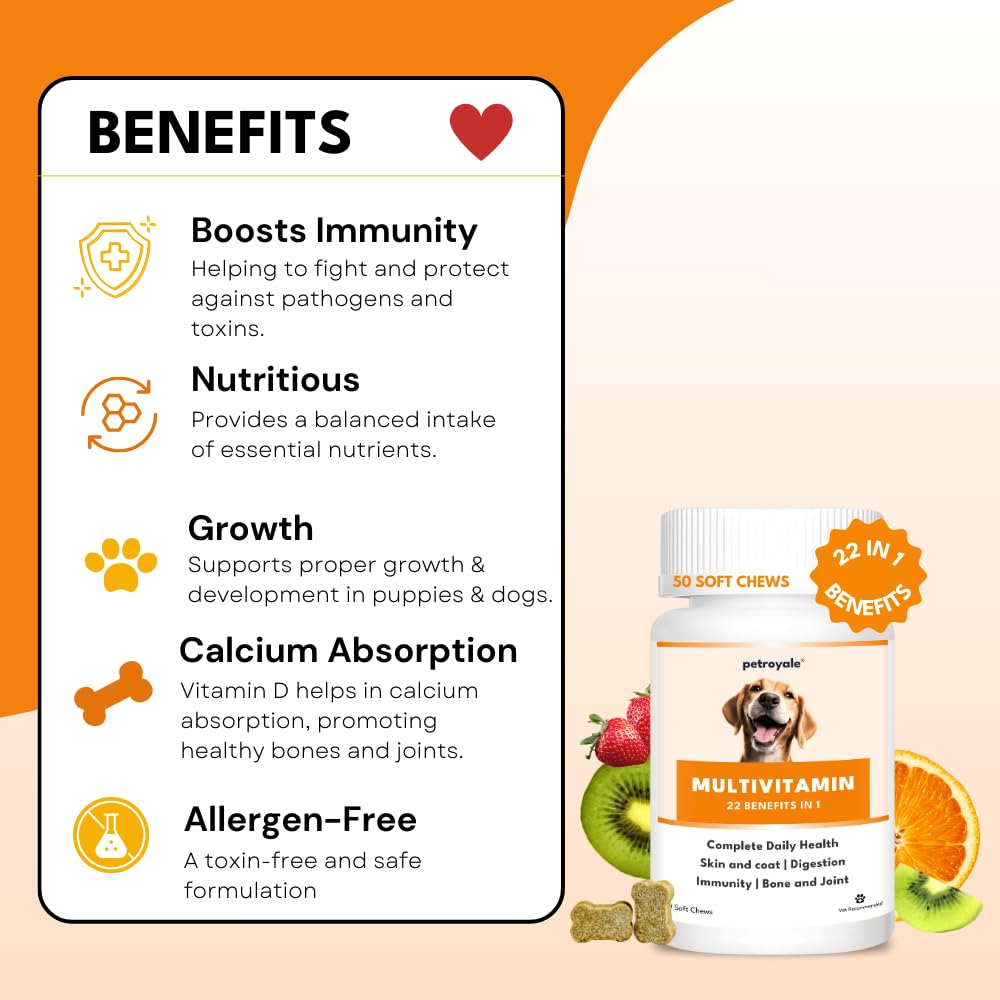 Petroyale Multivitamin Chews for Dogs - 22 in 1 Multivitamins for Dogs - Dog Multivitamins Chewable with Probiotics - Puppy & Senior Dog's Vitamins - Daily Dog Multivitamin Supplement - 50 Chews