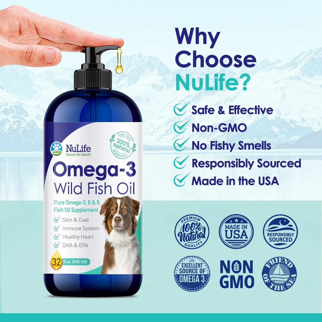 Liquid Fish Oil for Dogs with Omega 3, 6 & 9 Fatty Acids, Wild Caught from Iceland, Skin and Coat Supplement for Shedding, Itchy Skin, Allergies, Brain and Heart Health, Rich in EPA + DHA - 32 oz