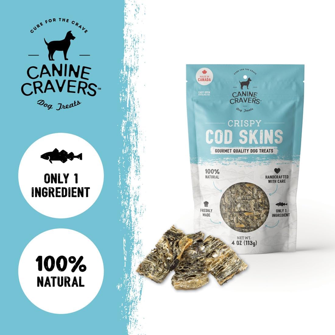 Canine Cravers Single Ingredient Dog Treats – Wild Caught Crispy Cod Skins - Human Grade Air Dried Hypoallergenic Pet Food – Grain, Gluten, and Soy Free – 100% All Natural – 4 oz