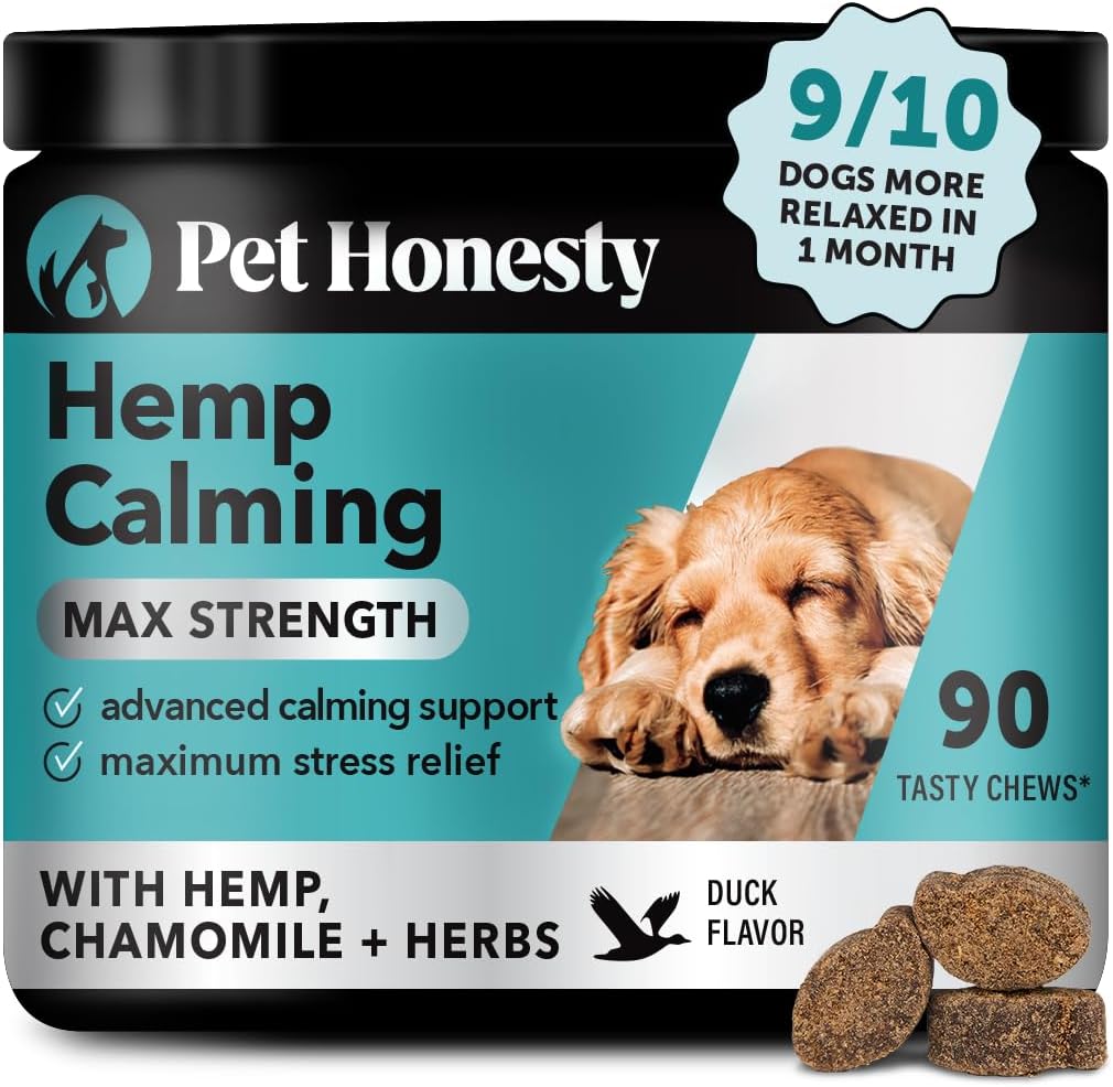 Natural Hemp Calming Chews for Dogs Maximum Strength - Hemp & Melatonin Dog Anxiety Relief - Calming Aid Supplement with Valerian Root - Stress, Separation & Thunder Support - (Duck 90 Ct)