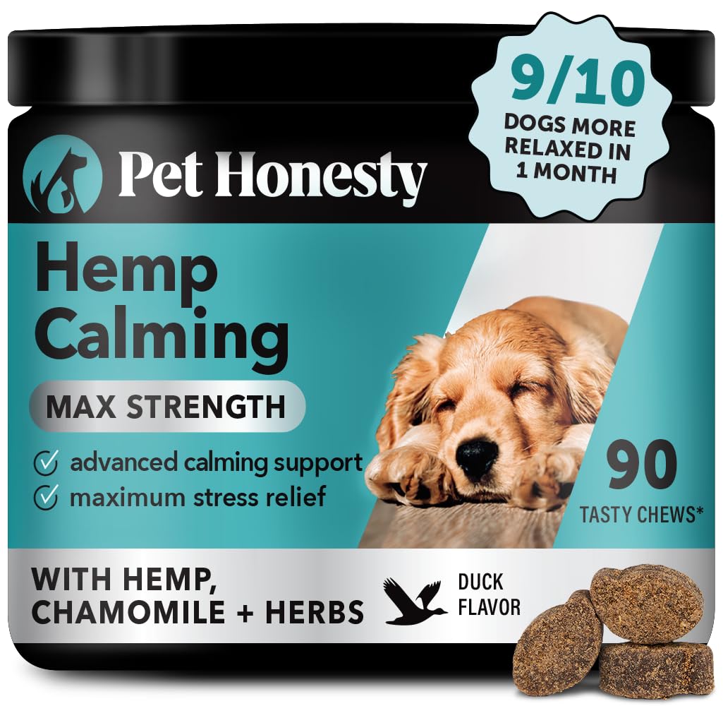 Natural Hemp Calming Chews for Dogs Maximum Strength - Hemp & Melatonin Dog Anxiety Relief - Calming Aid Supplement with Valerian Root - Stress, Separation & Thunder Support - (Duck 90 Ct)