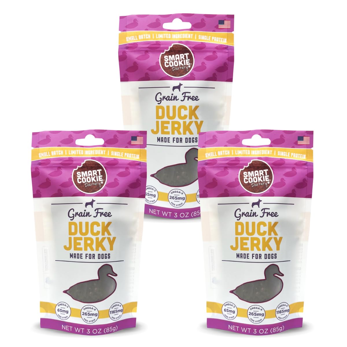 Smart Cookie Duck Jerky Dog Treats with Flax Seed, Omega Oils- Hypoallergenic Strips for Dogs and Puppies with Allergies, Sensitive Stomachs - Dehydrated, Grain Free, Made in USA - 3oz Bag, Pack of 3