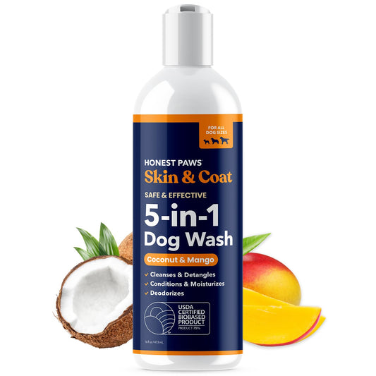 Honest Paws Dog Shampoo and Conditioner - Premium Dog Wash for Allergies and Dry, Itchy, Moisturizing for Sensitive Skin - Sulfate Free, Plant Based, All Natural - Coconut & Mango -16 Fl Oz