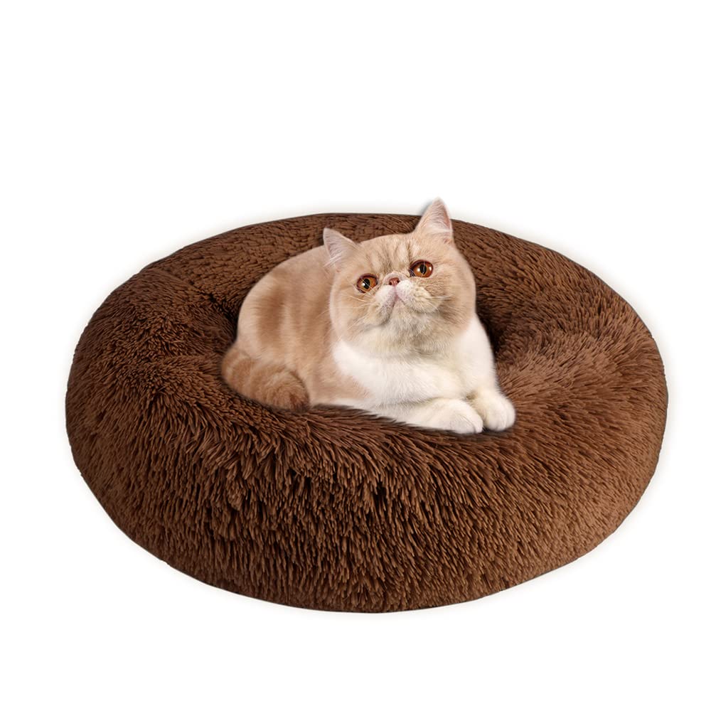 SlowTon Calming Dog Bed for Small Dogs Cats, Donut Cuddler Cozy Warm Anti-Anxiety Dog Cat Cushion Mat, Ultra Soft Fluffy Plush Round Pet Pillow Non-Slip Bottom Machine Washable(Coffee,X-Small 20")