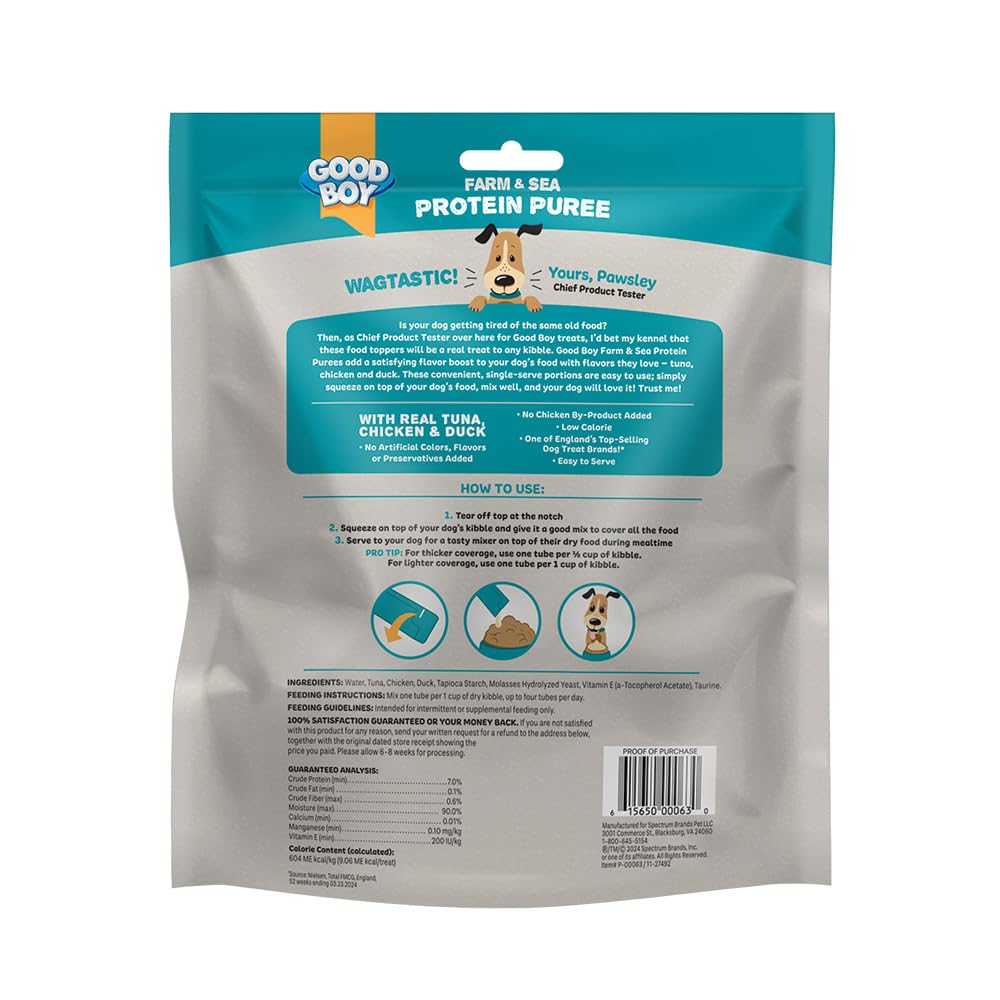 GOOD BOY Farm & Sea Protein Purees Dog Food Mixers for All Adult Dogs, 30 Count, Easy Single-Serve Triple Flavor Topper Treats with Tuna, Chicken and Duck